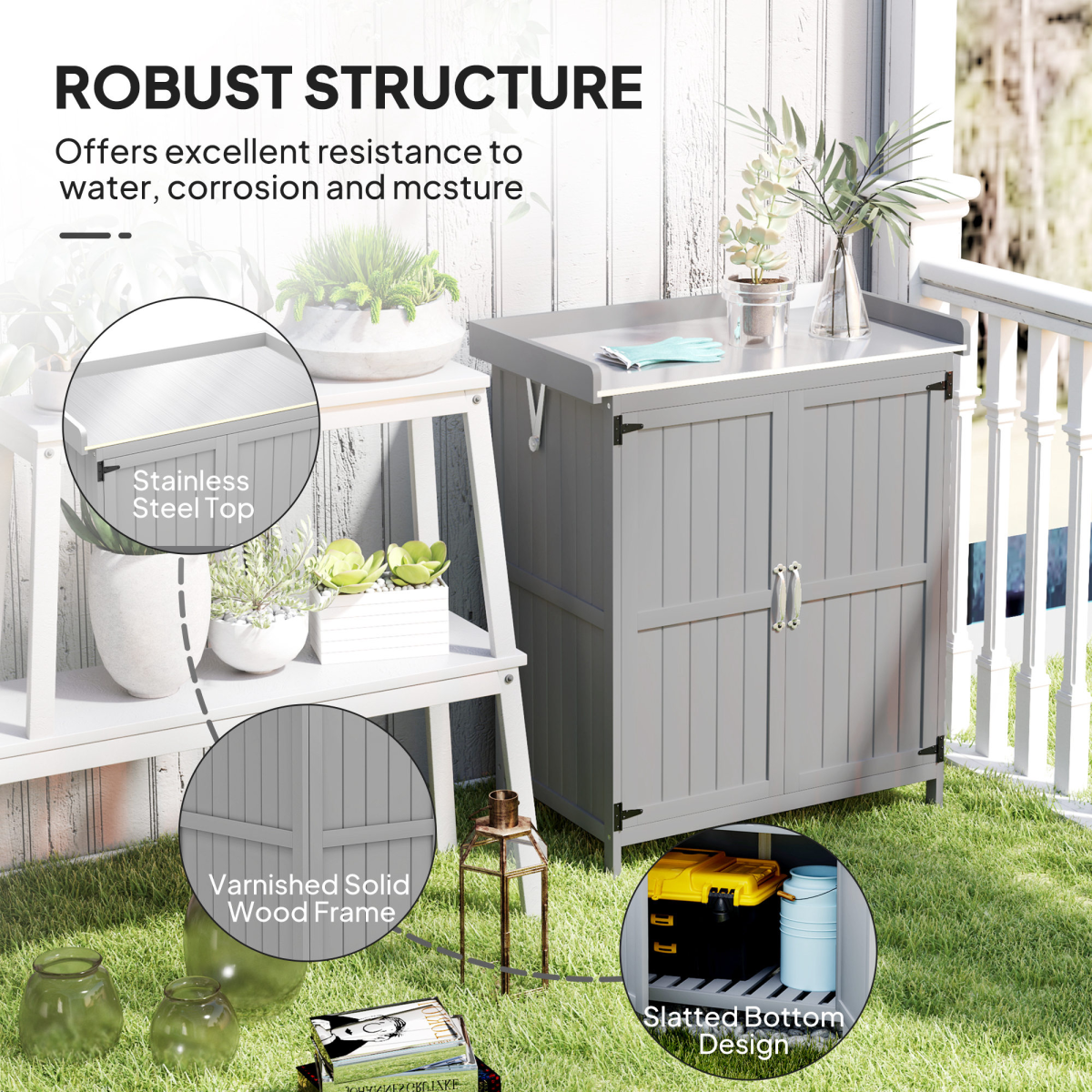 Outsunny Garden Storage Bench Workbench with Stainless Steel Top, Fir Wood, Hinged Roof and Double Doors, Grey