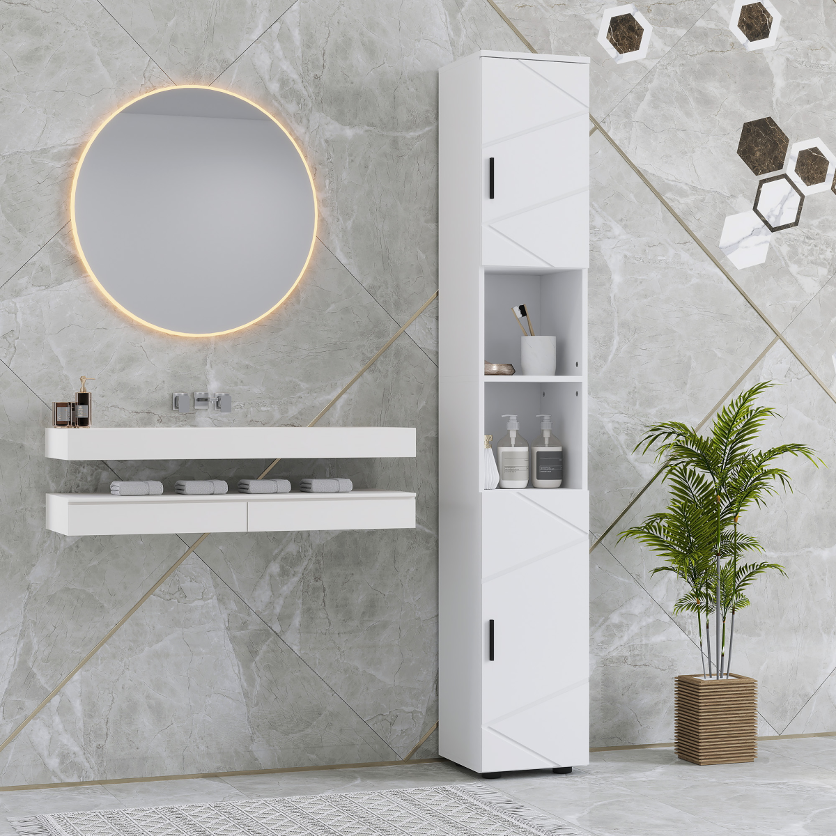 kleankin Tall Slim Bathroom Storage Cabinet with Soft Close, White