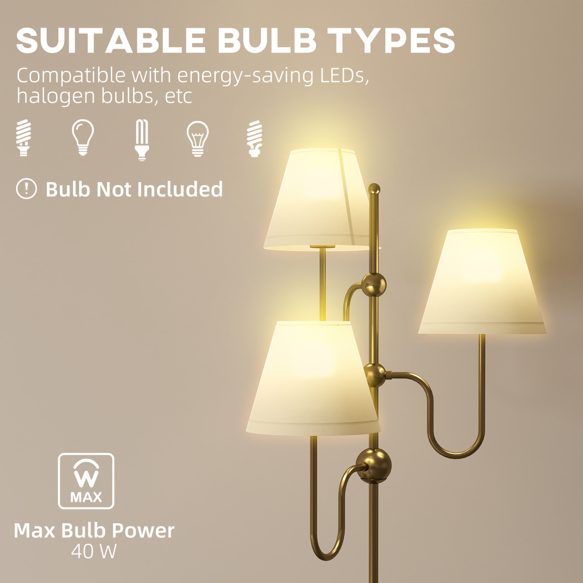 HOMCOM 3-Light Gold Metal Floor Lamp with Foot Switch, 165 cm