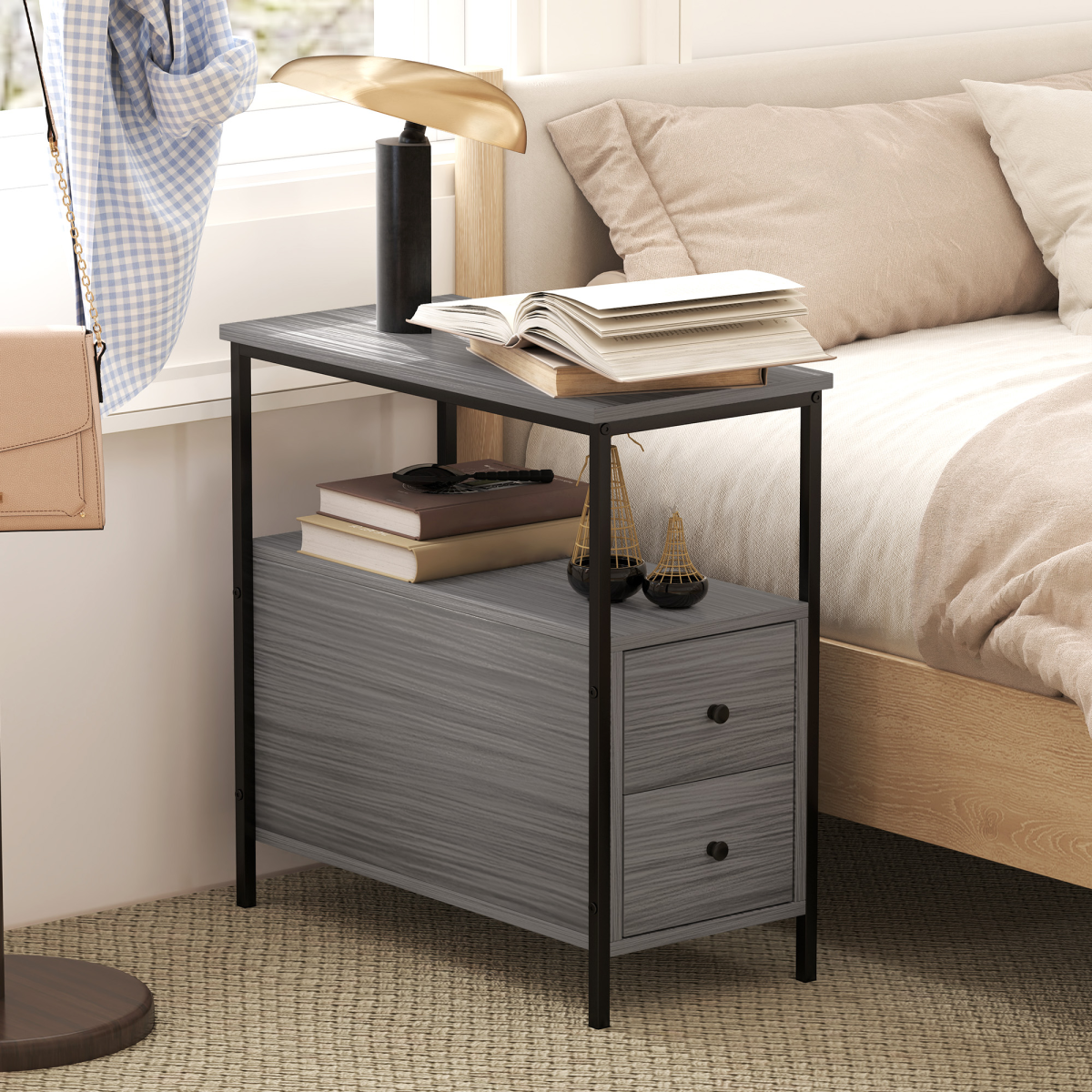 HOMCOM Narrow End Table with 2 Drawers and Storage Shelf, Grey