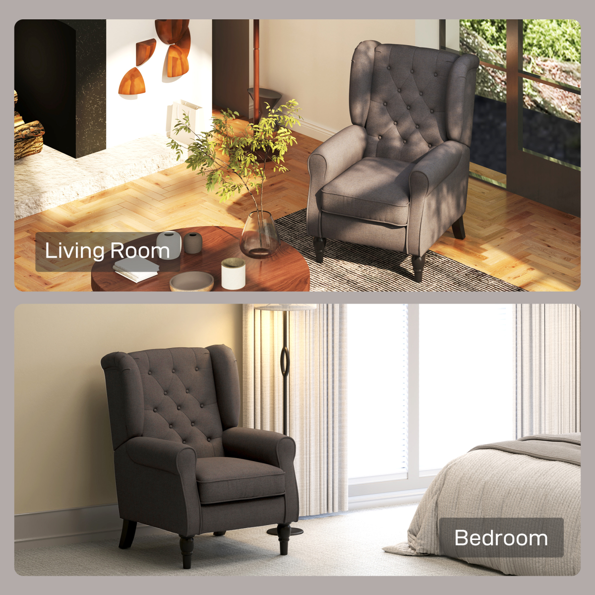 Retro Wingback Accent Chair with Wooden Frame for Living Room, Brown