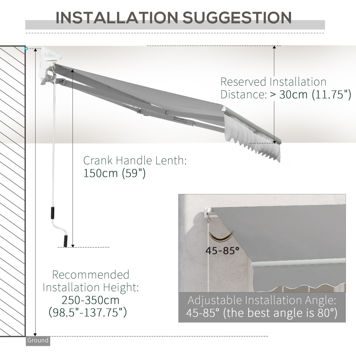 Outsunny Outdoor Awning Canopy with Hand Crank, Adjustable Angle, Aluminium Frame, 3 x 2m