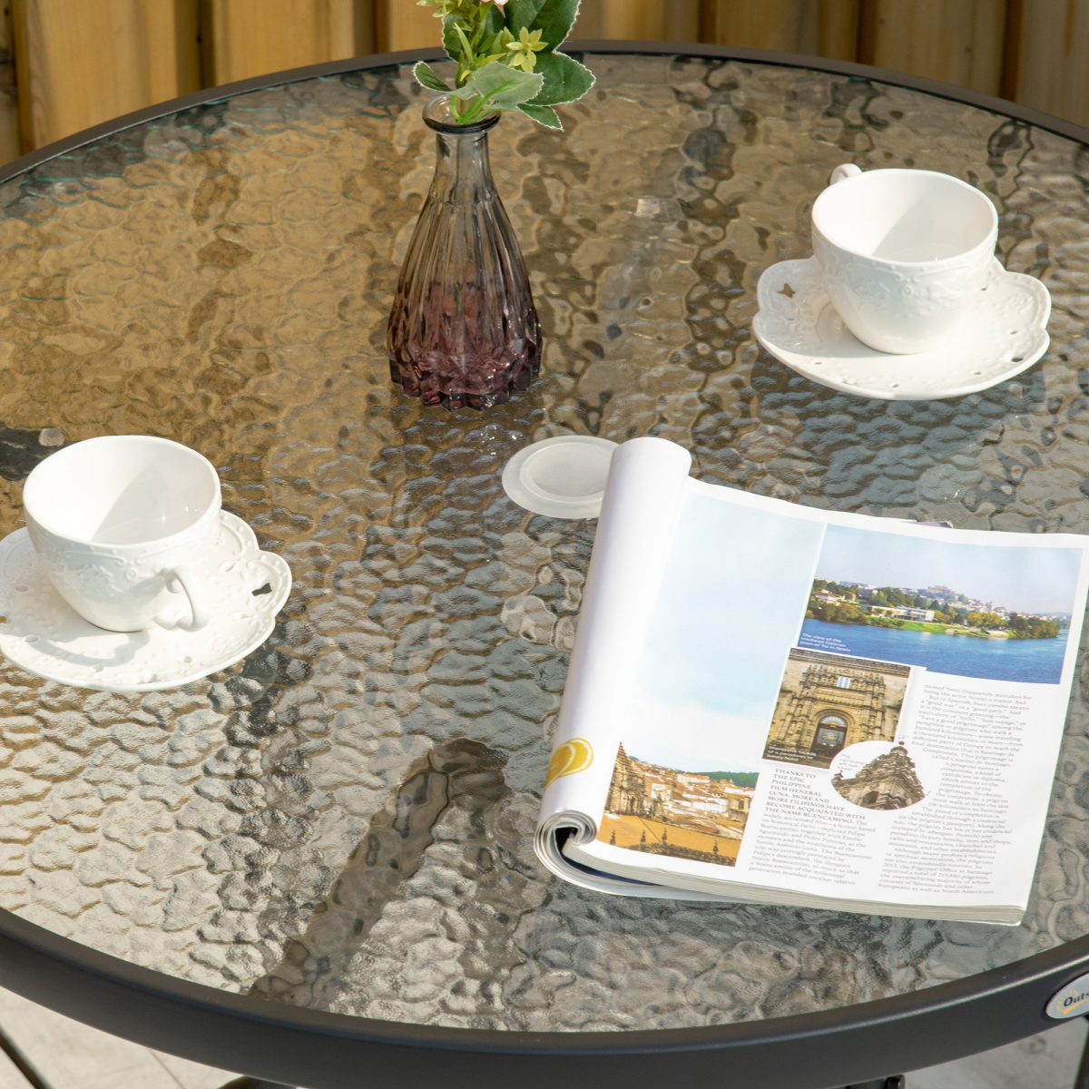 Outdoor Round Dining Table, Tempered Glass Top, Steel Frame, Parasol Hole, 80cm