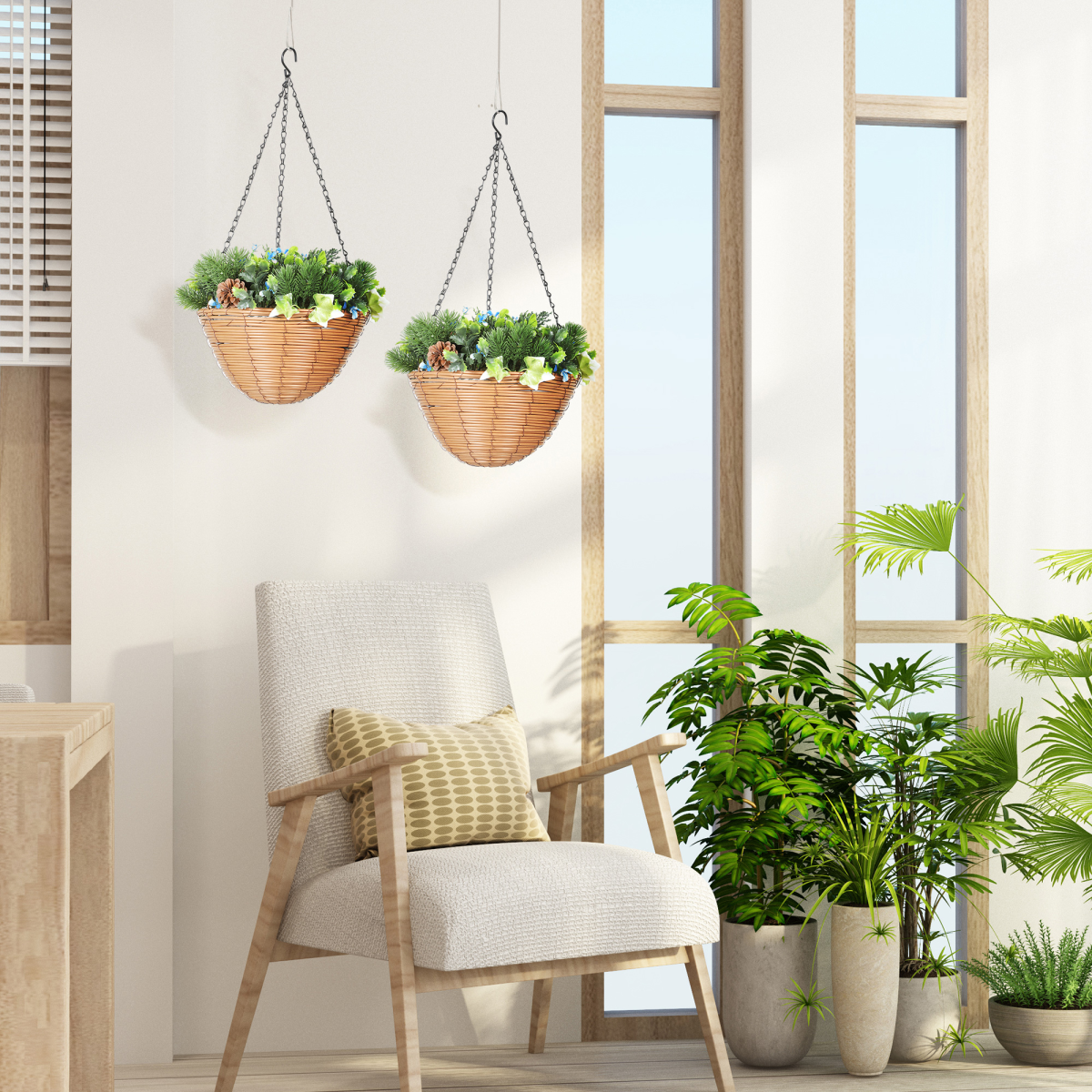HOMCOM Set of 2 Artificial Hanging Flower Baskets with PE Leaves