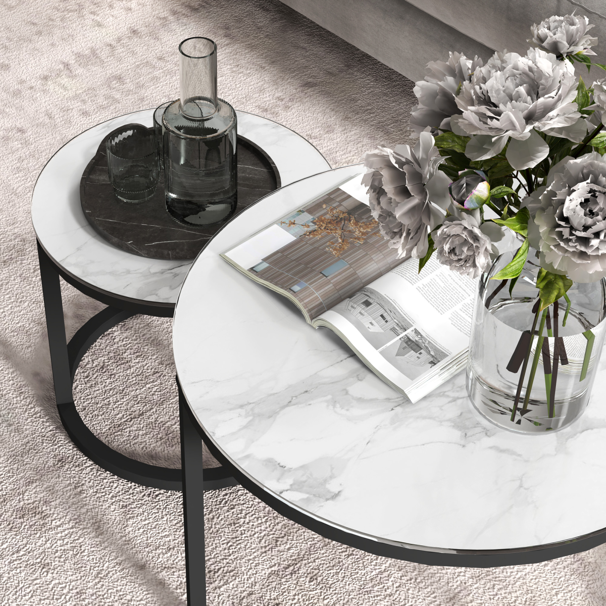 HOMCOM Round Glass Nesting Coffee Table Set of 2, Marble-Effect