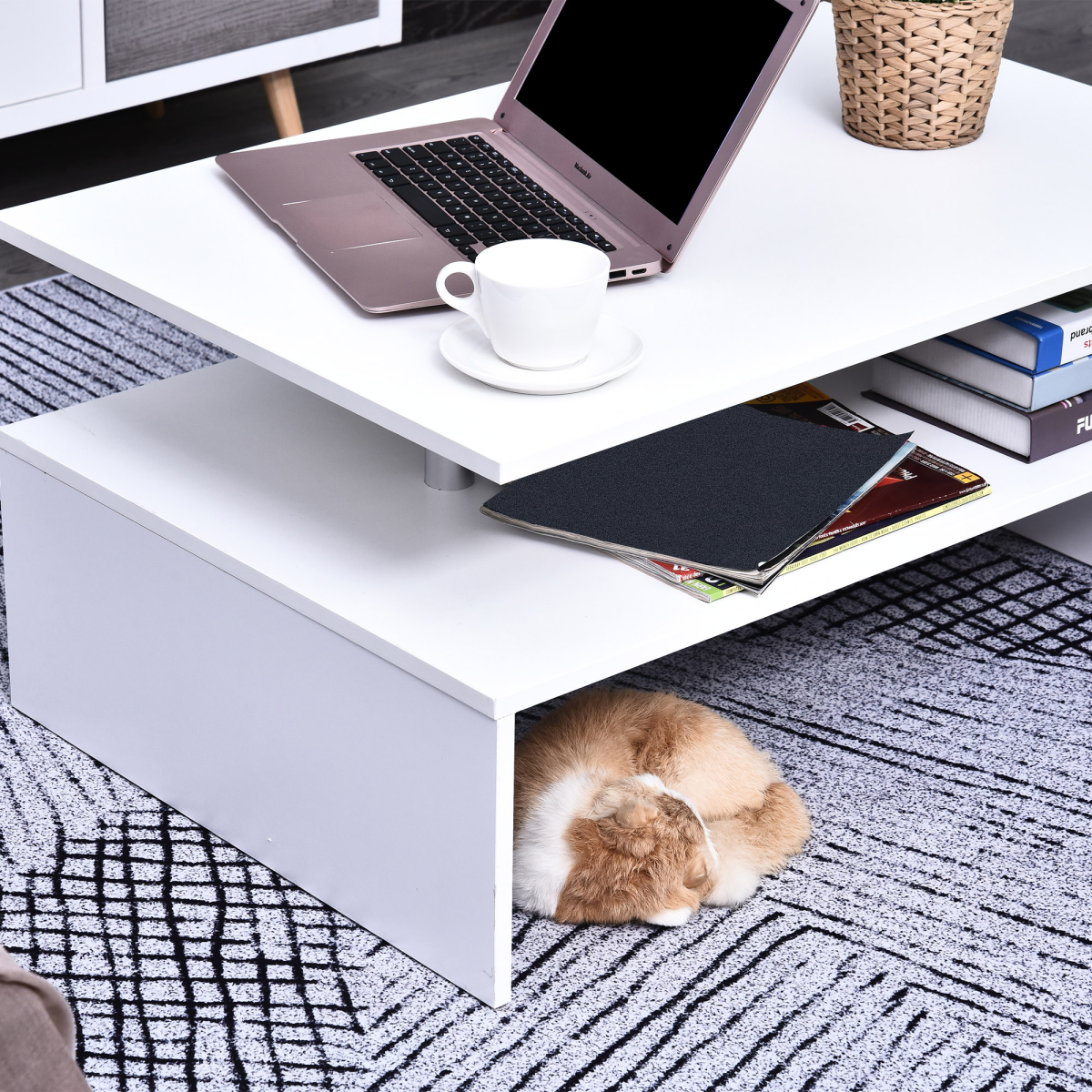 HOMCOM Modern 2-Tier Rectangular Coffee Table Side End Table, White