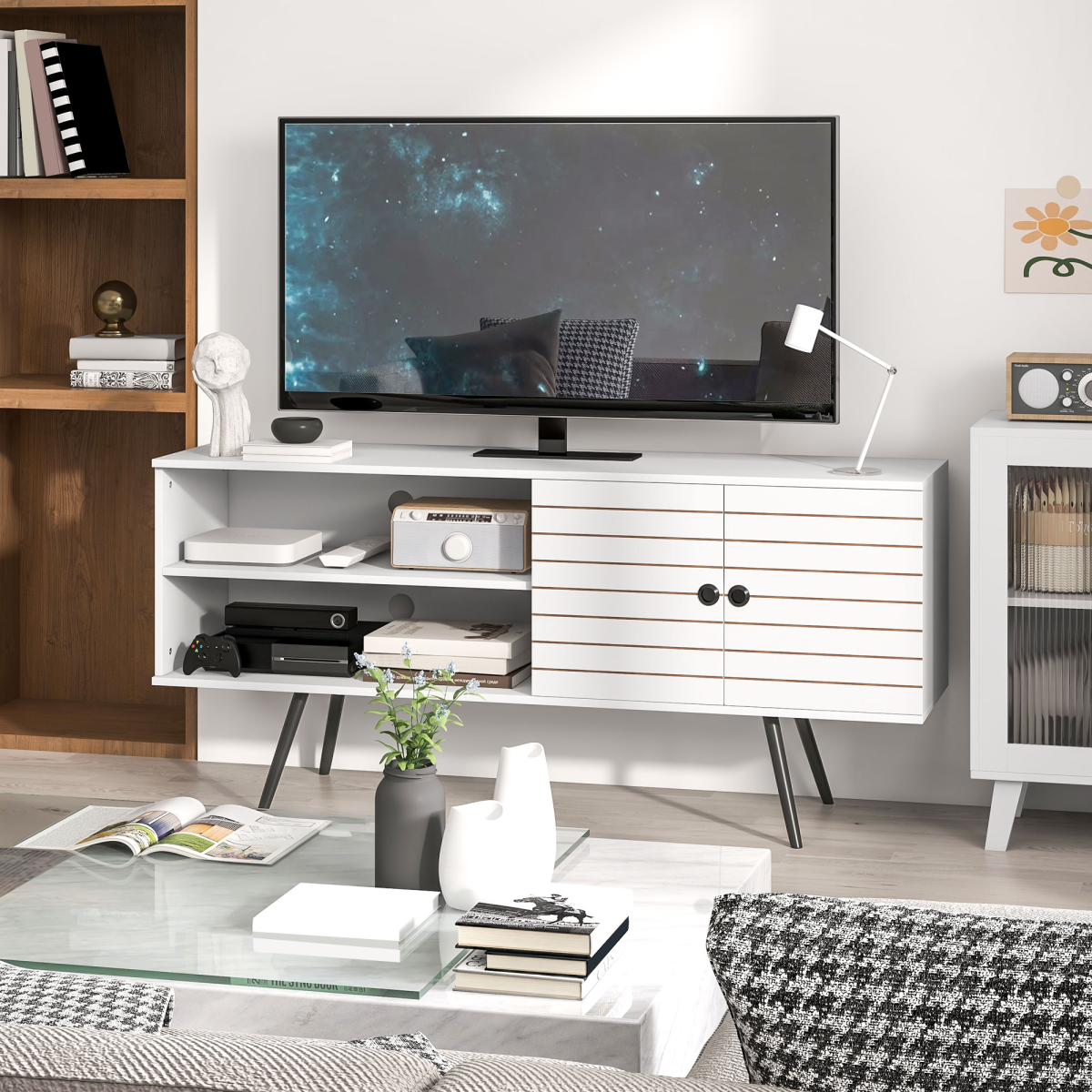 HOMCOM White TV Unit for 65" TVs with 2 Shelves, Door & Cable Holes