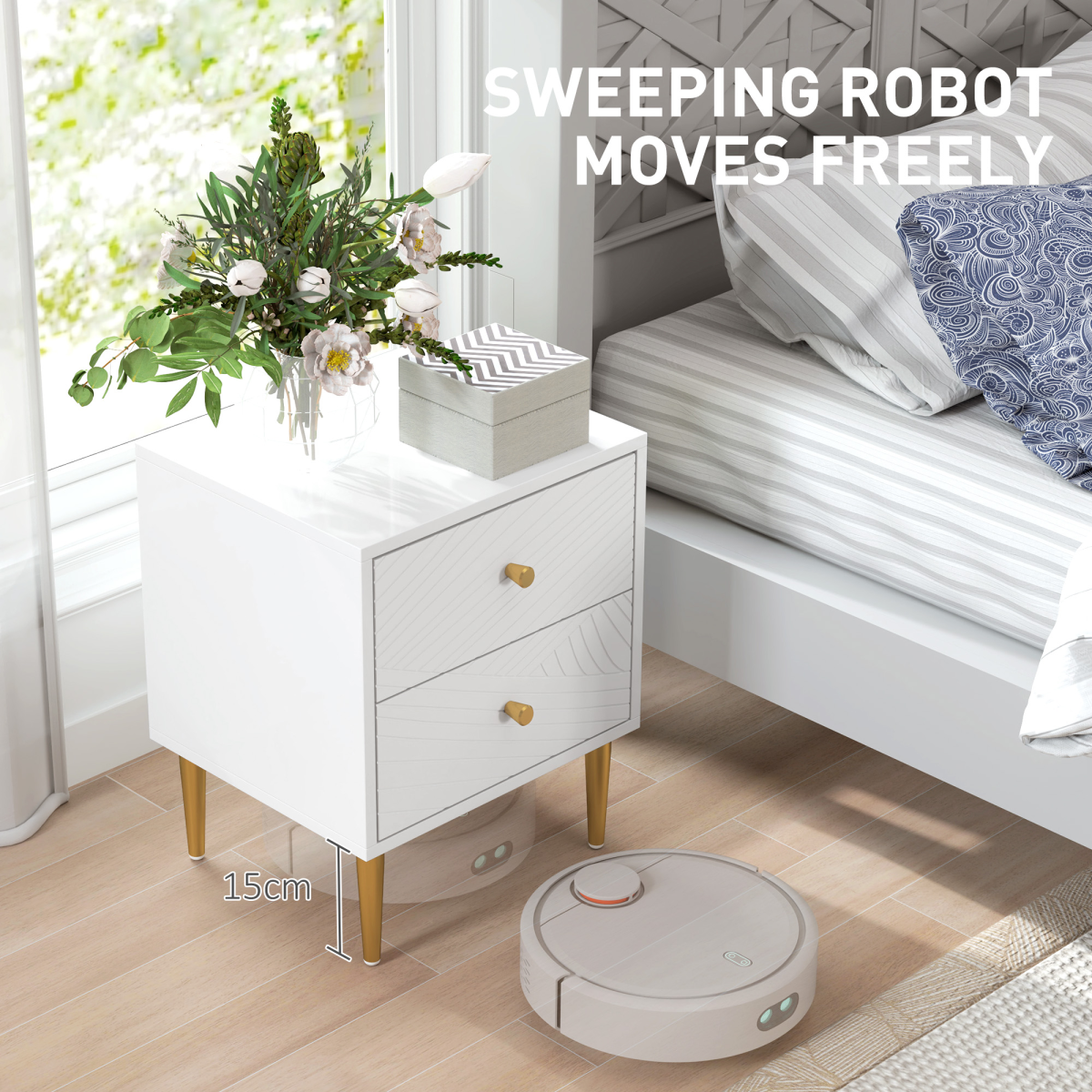 White Nightstand with Gold-Tone Handles, 2 Drawers & Metal Legs