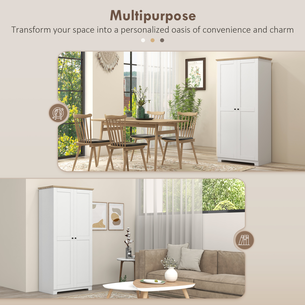 172cm White Wooden Storage Cabinet Cupboard with 2 Doors and 4 Shelves