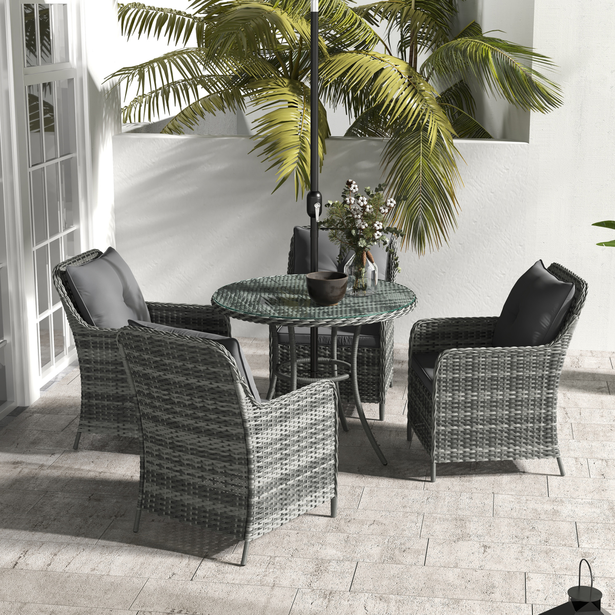 Outsunny 6 Pieces Rattan Garden Furniture with Umbrella, Cushions - Mix Grey