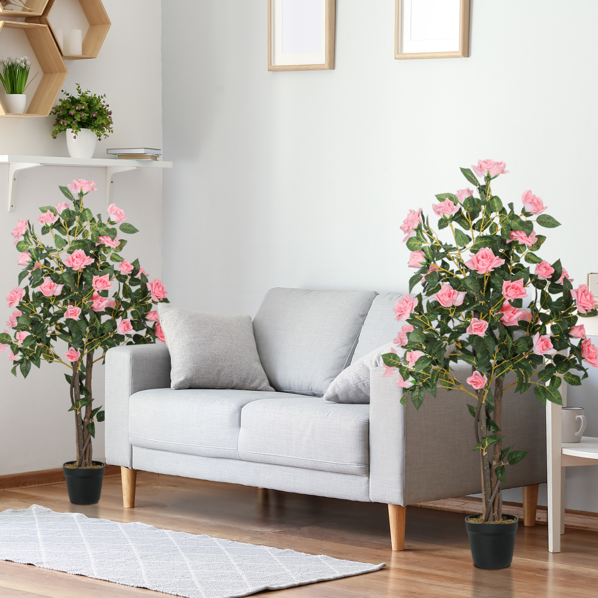 HOMCOM Set of 2 Artificial Rose Trees in Pots, Pink