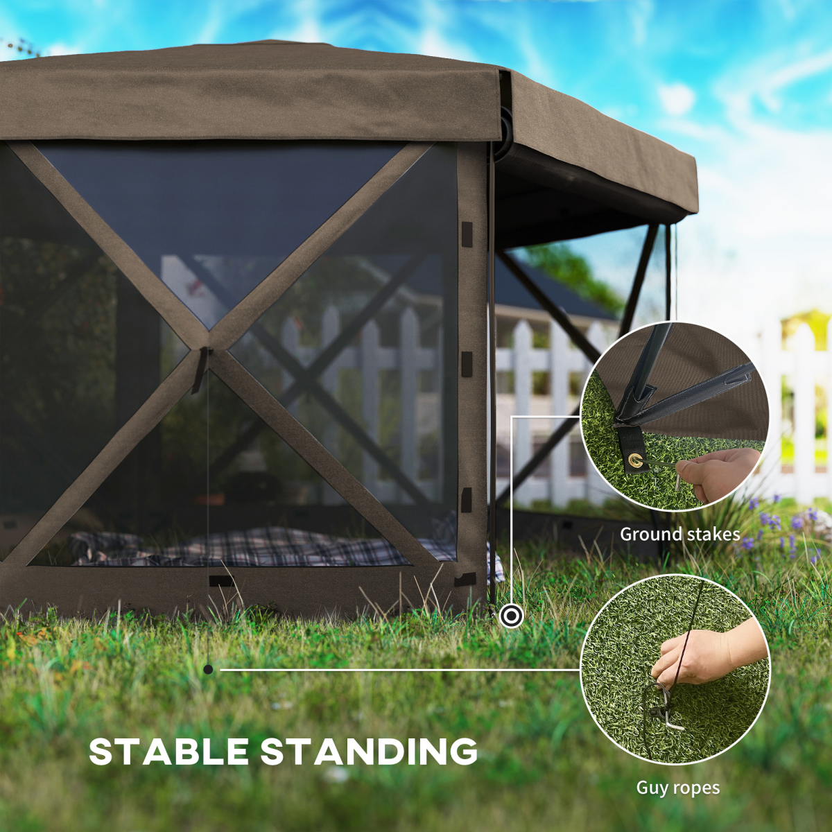 Outsunny 3 x 3m Hexagon Pop-Up Gazebo with Netting, Brown