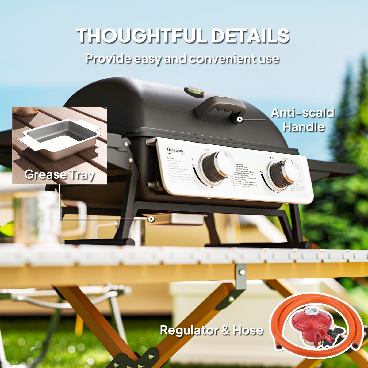 Outsunny Portable Tabletop Gas BBQ Grill with Thermometer, 2 Burners, Black