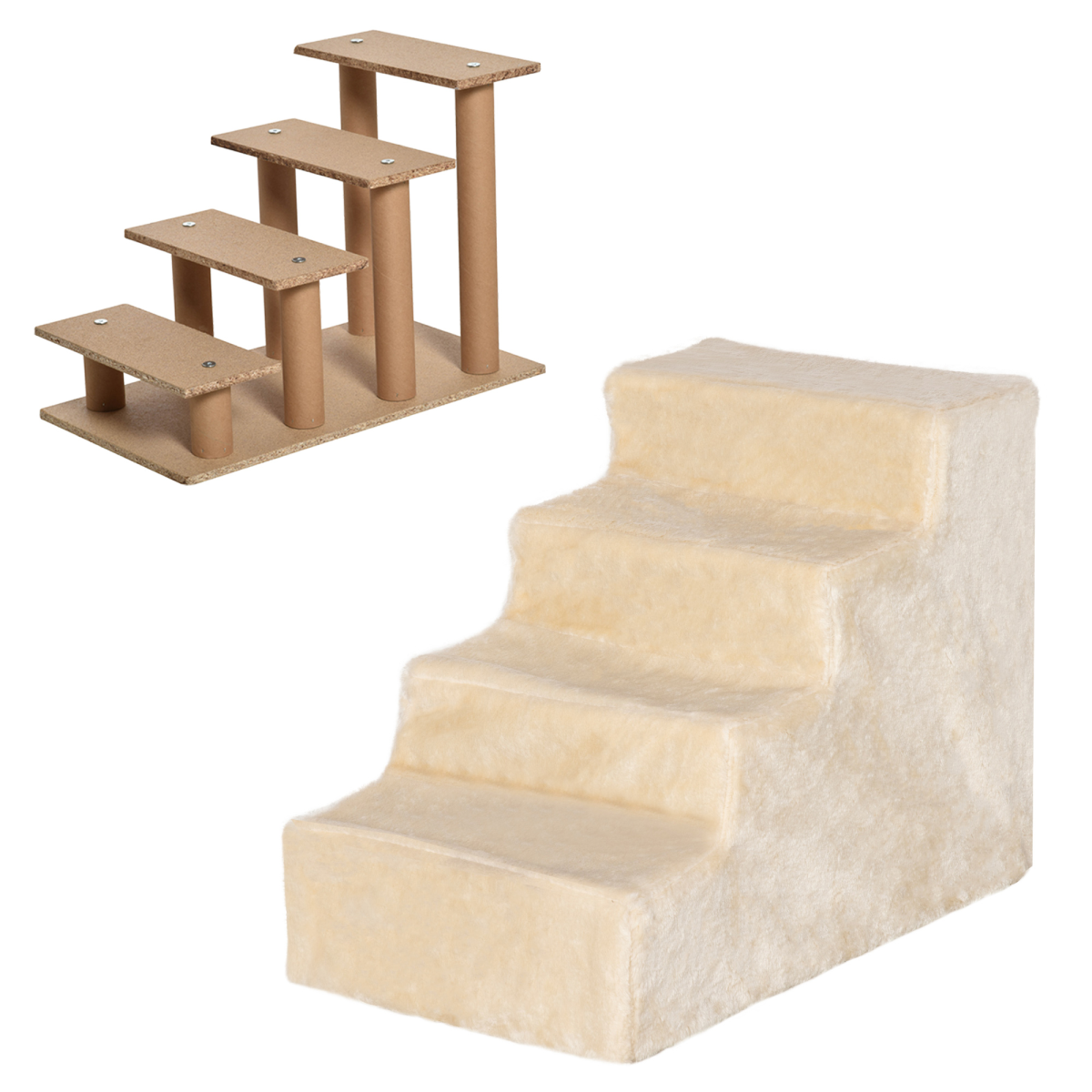 PawHut Beige Portable Dog Stairs with Washable Plush Cover for Beds & Sofas