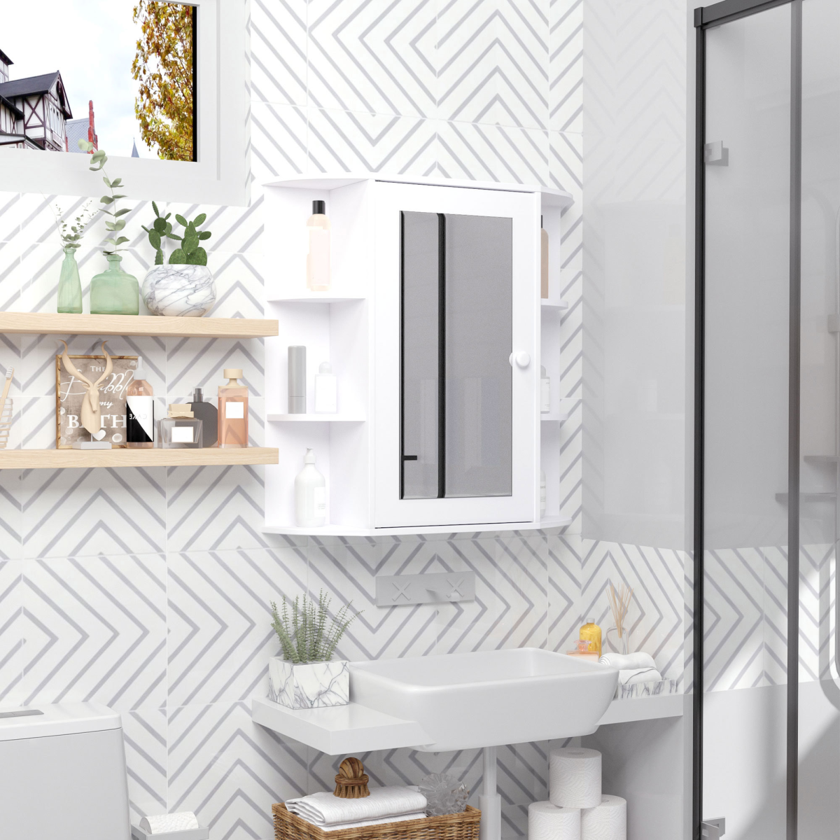 Wall Mounted Bathroom Cabinet with Mirror, Single Door Storage Cabinet with Open Shelves, White Bathroom Wall Cabinet