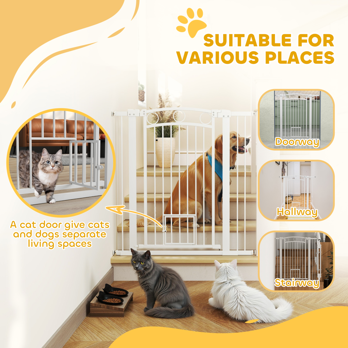 PawHut Adjustable Stair Gate with Cat Door, 76-104cm Wide, 106cm Tall