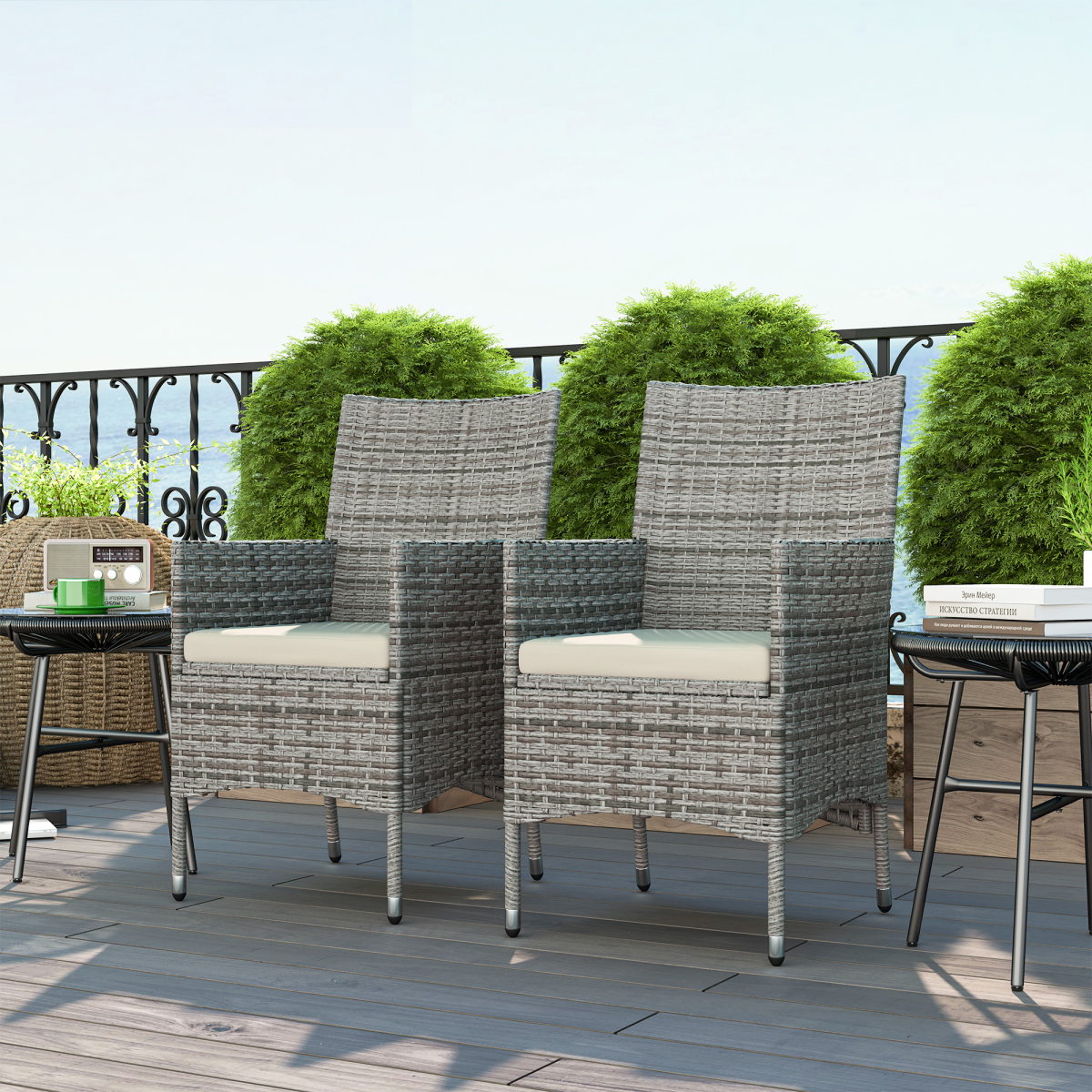 Outsunny Set of 2 Outdoor Rattan Armchairs with Cushions, Garden Dining Chairs, Mixed Grey