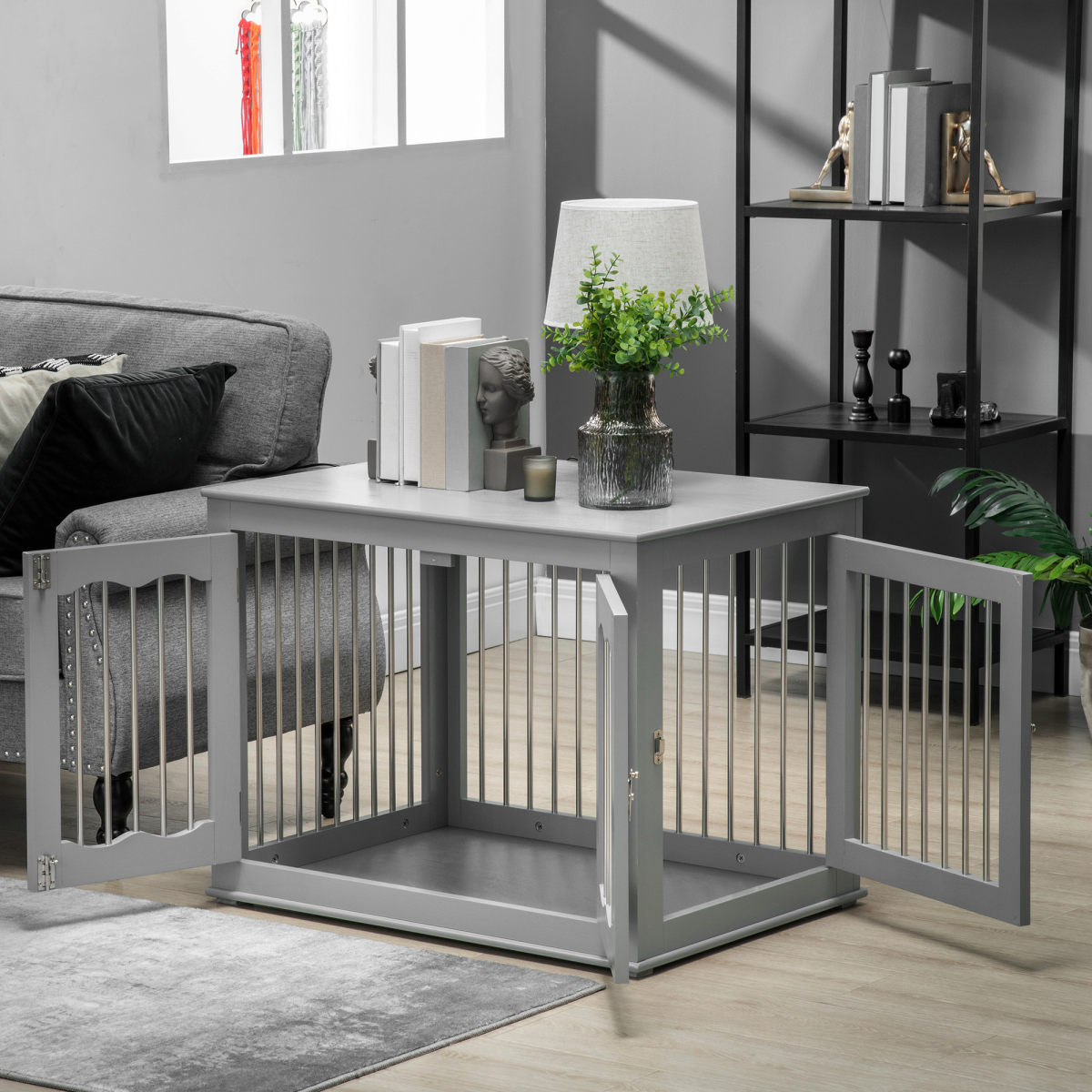 PawHut Wooden Dog Crate Furniture, 3-Door Side Table for Medium Dogs
