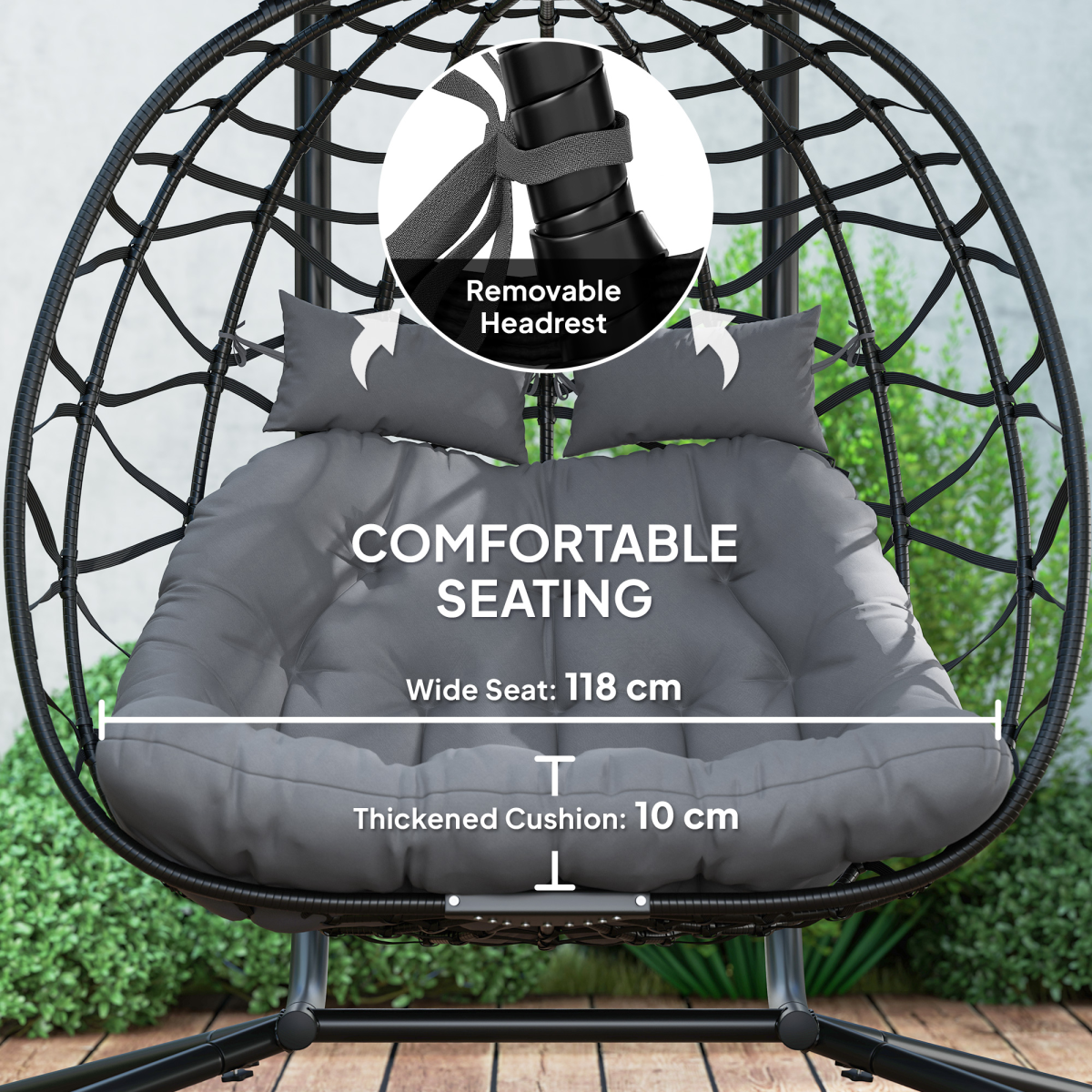 Outsunny Rattan Double Hanging Egg Chair with Canopy & Cushion, Black