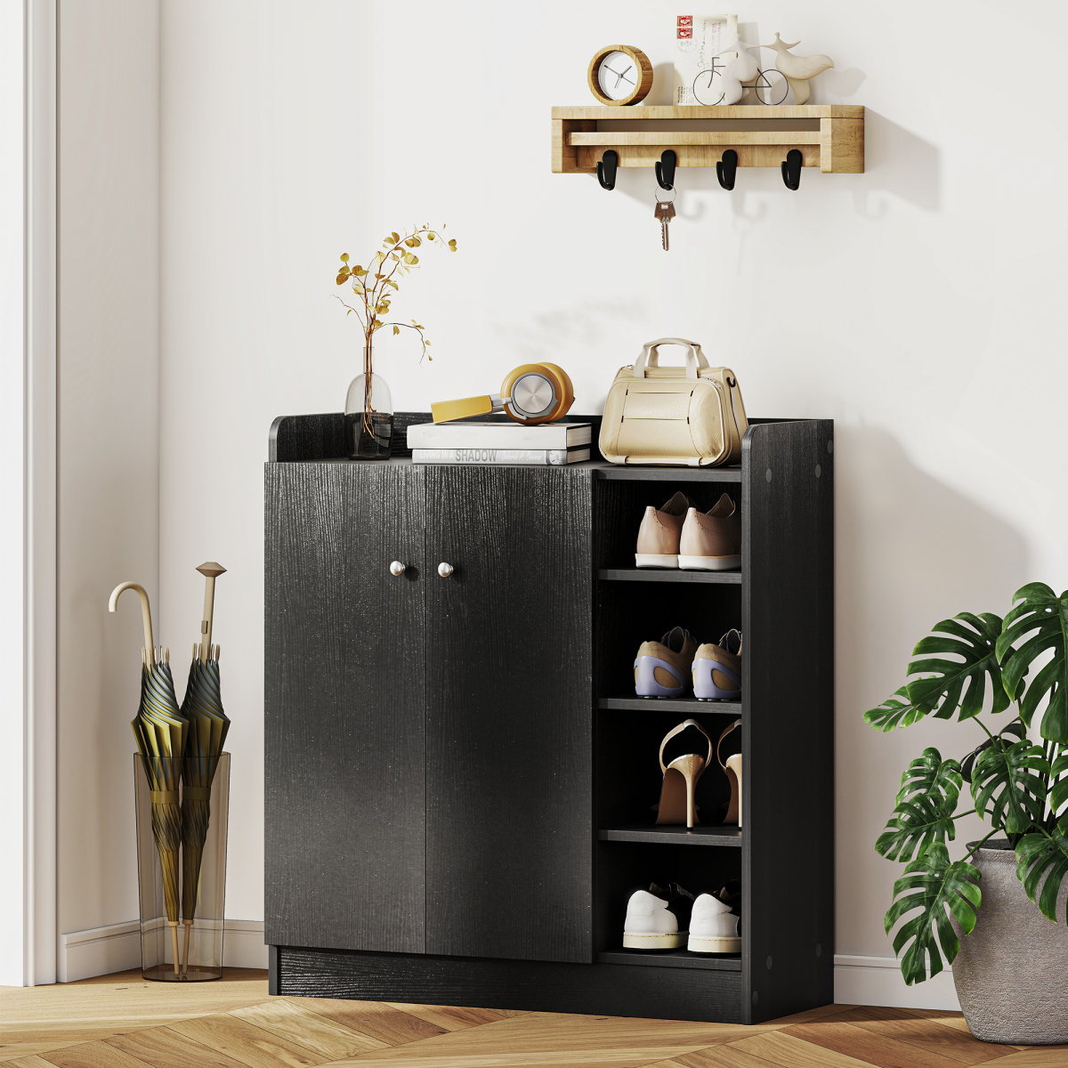 HOMCOM 4-Tier Shoe Storage Cabinet with Adjustable Shelves, Black