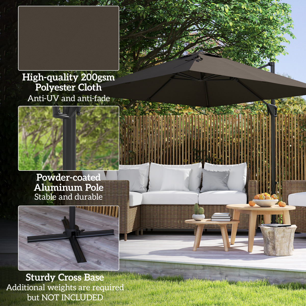 Outsunny Square Cantilever Parasol, 360° Rotating, Hand Crank, Tan