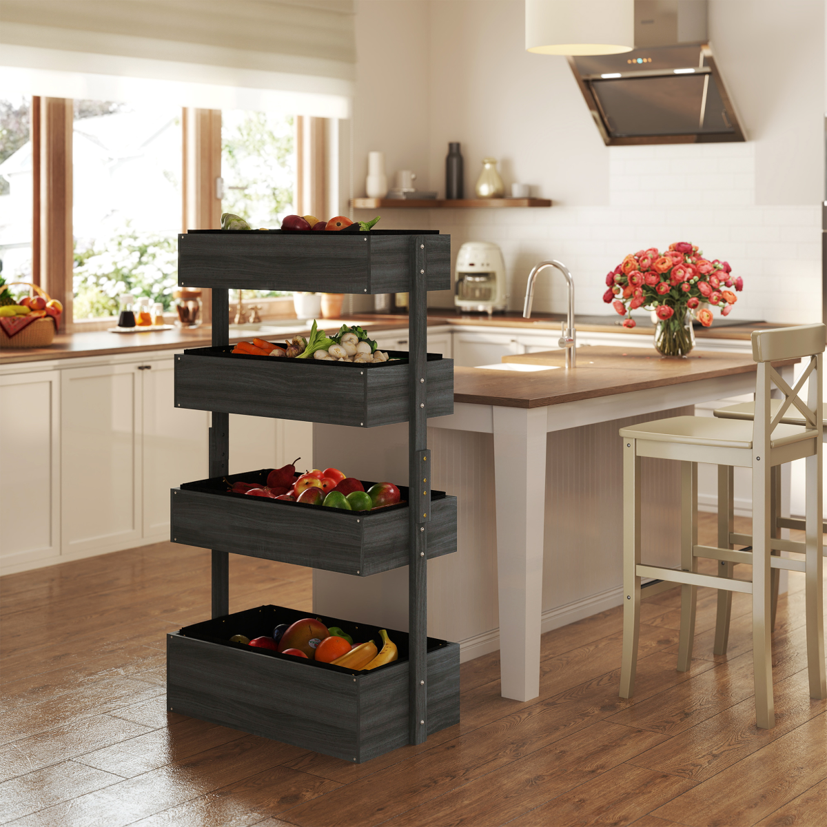 Outsunny 4-Tier Wooden Raised Garden Bed Plant Stand, Grey