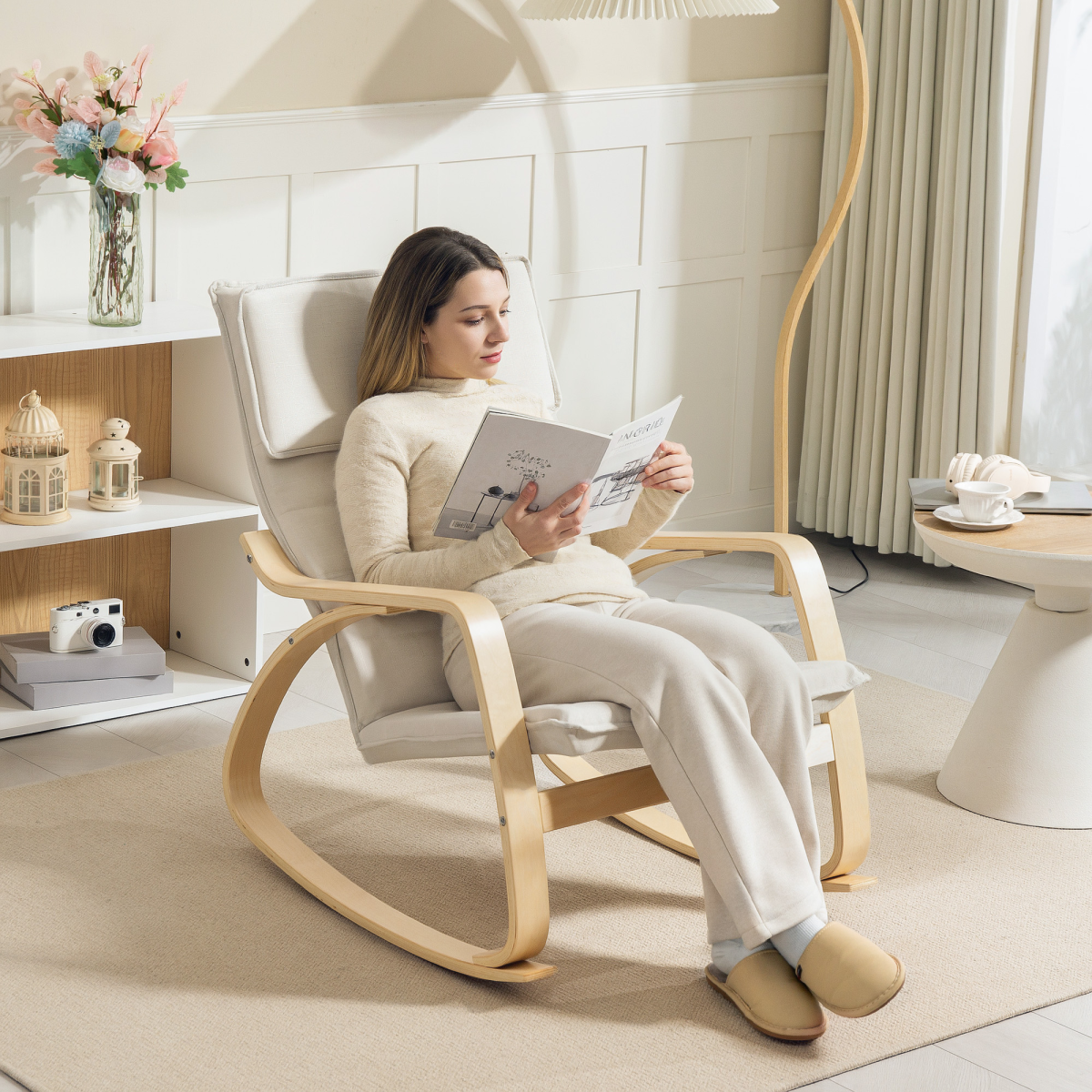 HOMCOM Cream White Linen-Feel High Back Rocking Chair with Headrest