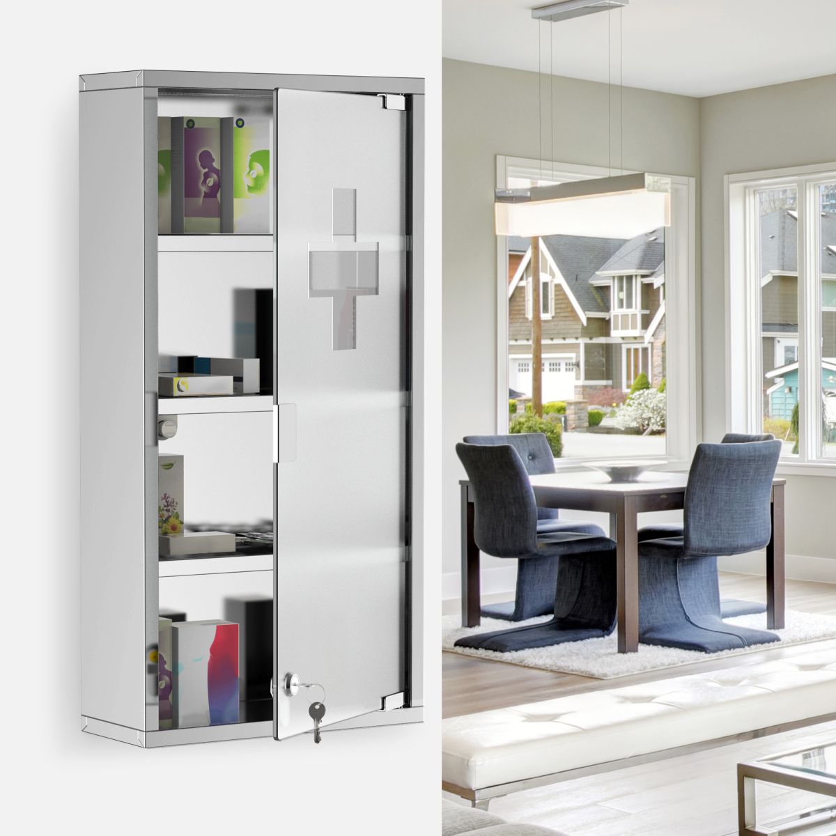 Wall Mounted First Aid Medicine Cabinet with Locking Door, 4-Tier 430 Stainless Steel, 60H x 30W x 12Dcm, Unbranded