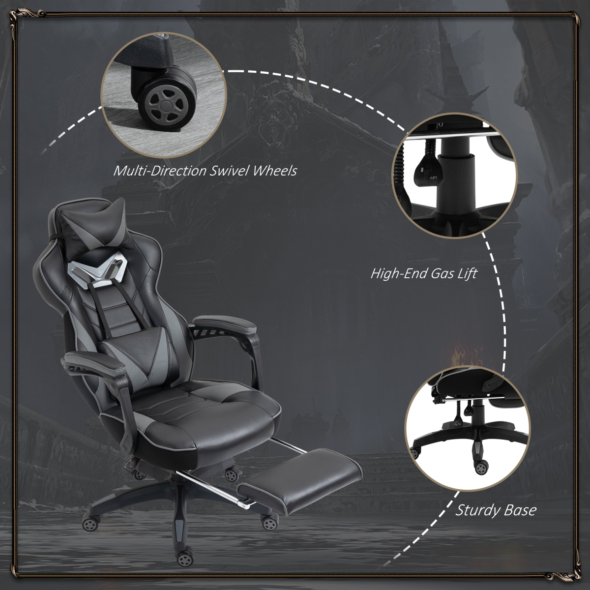 Vinsetto Grey Ergonomic Reclining Gaming Chair with Footrest