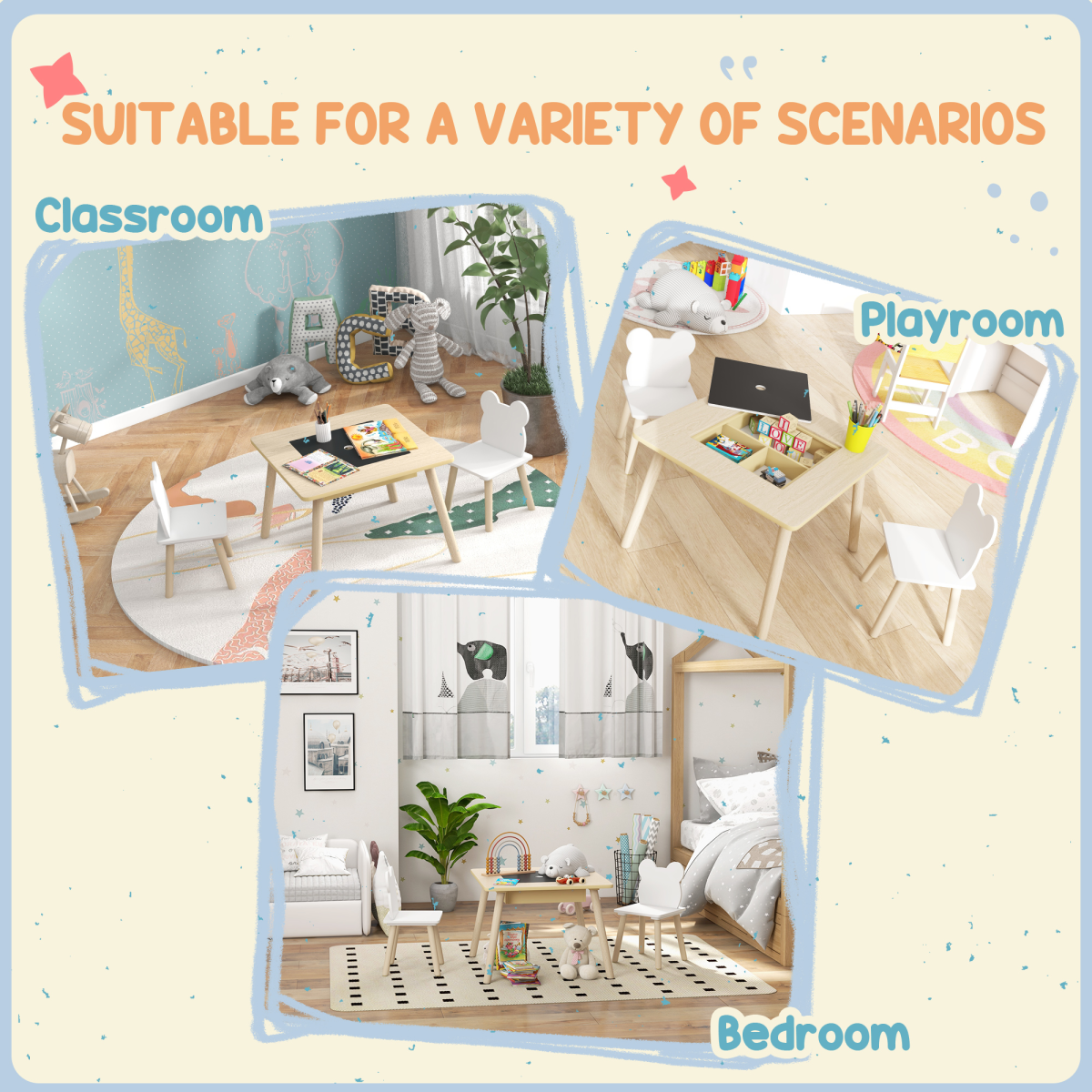 AIYAPLAY 3-Piece Toddler Table and 2 Bear Chairs with Storage