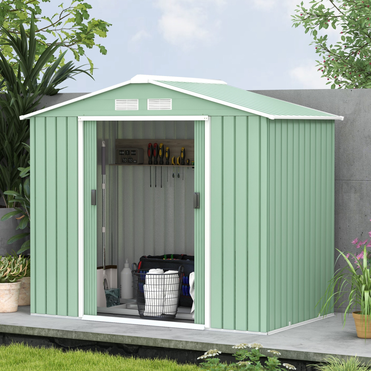 Garden Shed Storage Unit w/ Locking Door Floor Foundation Air Vent Light Green