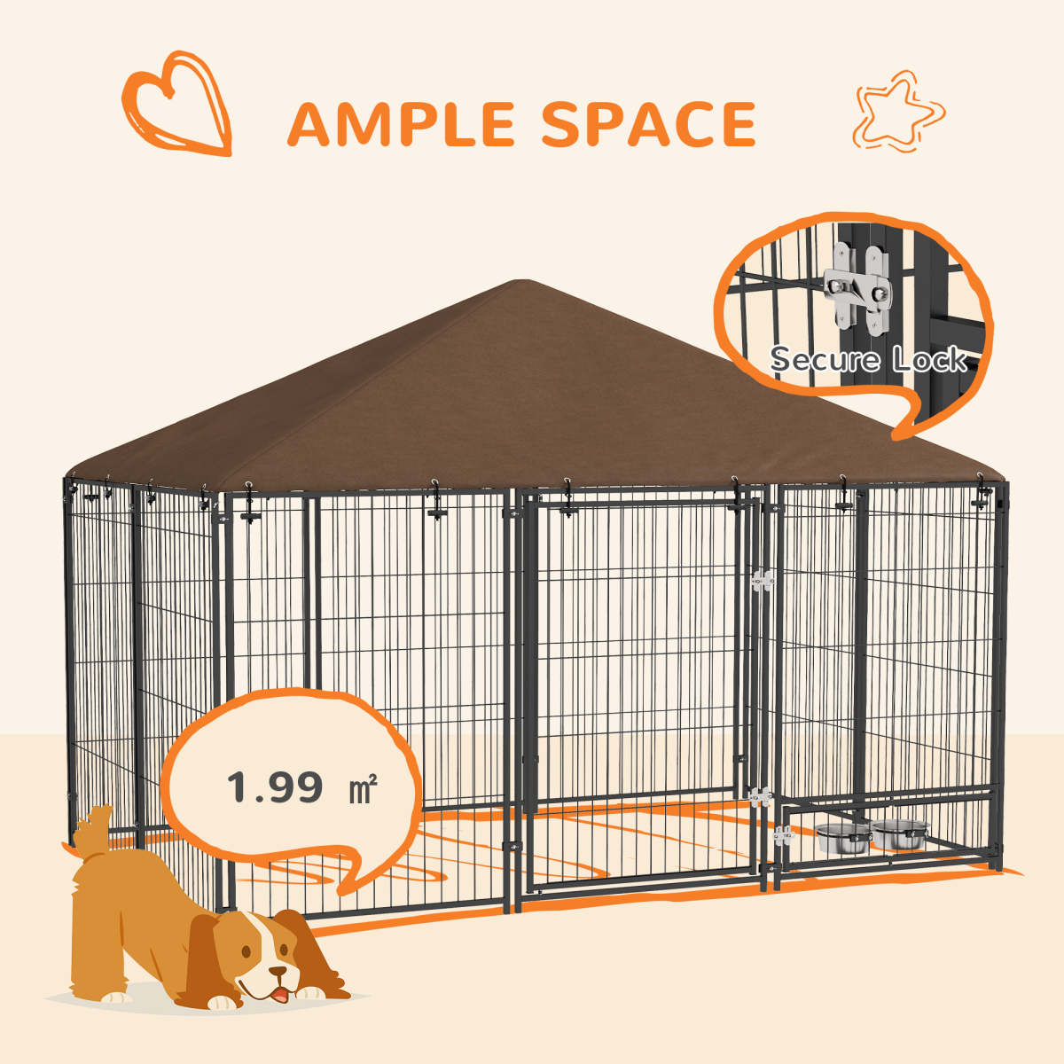 PawHut Outdoor Dog Kennel with Canopy, Lock & Rotating Bowl Holder
