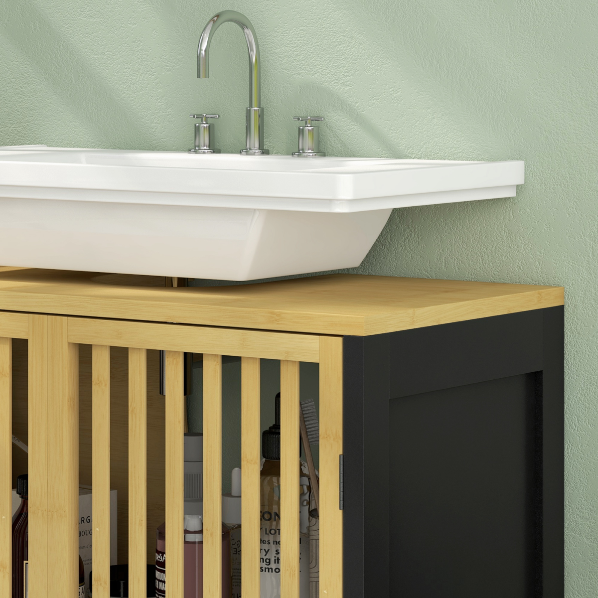 HOMCOM Bamboo Under Sink Bathroom Cabinet with Slat Doors