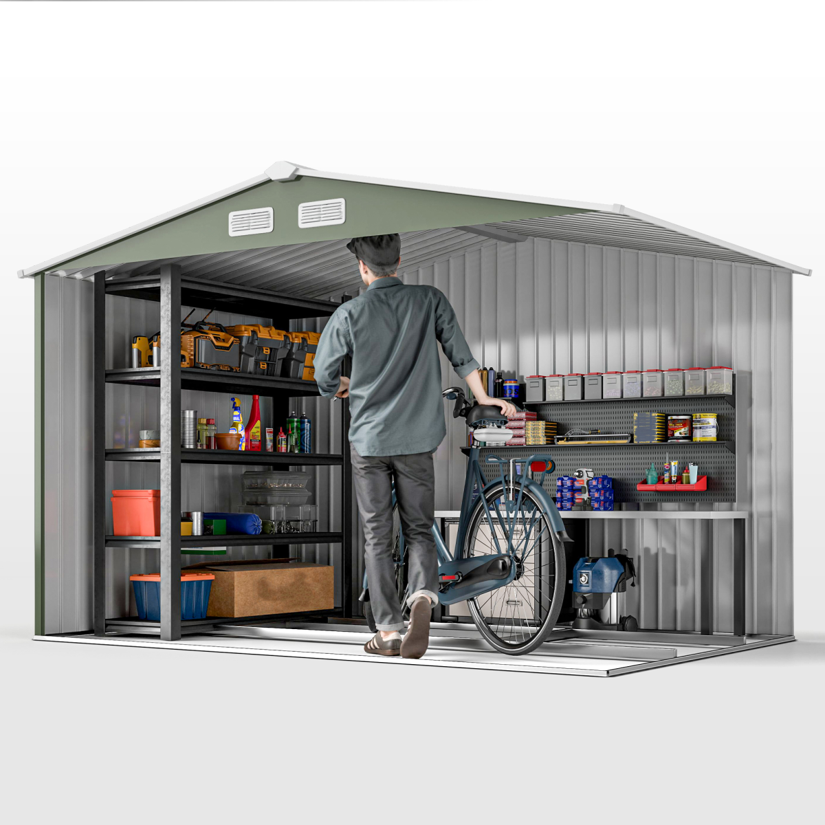 9 x 6FT Green Metal Garden Storage Shed with Sliding Double Doors, Ventilation, Sloping Roof and Floor Foundation