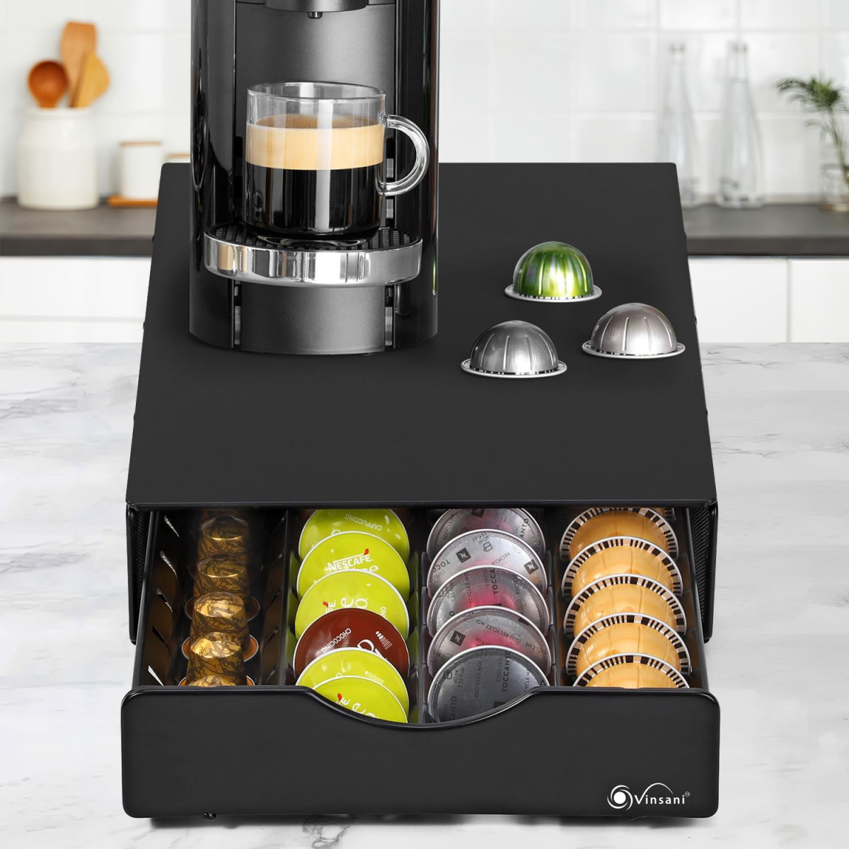 Vinsani 40 Coffee Pod Storage Drawer for Vertuoline, Dolce Gusto, K-Cup and Nespresso Pods