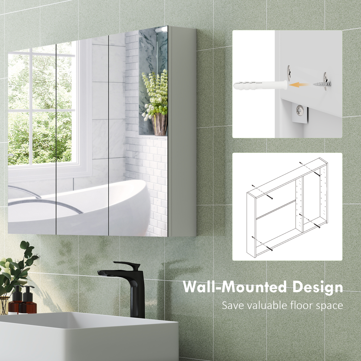 HOMCOM Bathroom Mirror Cabinet, 3 Doors, 6 Shelves, White