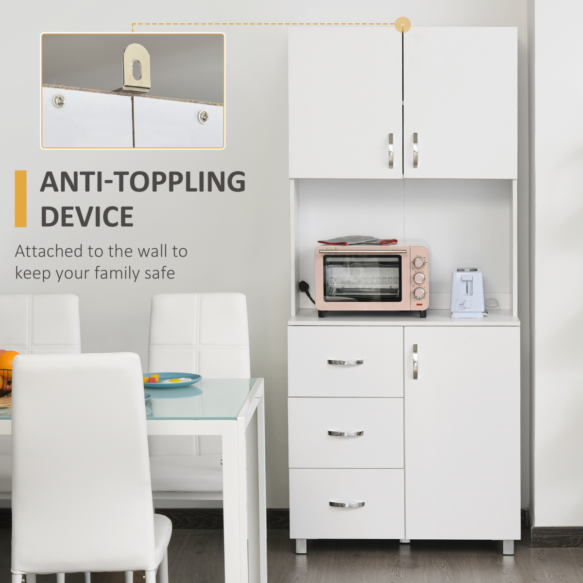 White Kitchen Storage Cabinet with 3 Drawers, 2 Cupboards and Open Shelf, Wooden Cupboard Organizer Furniture