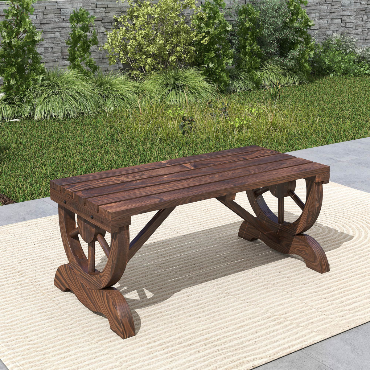Outsunny Rustic Wooden Wagon Wheel 2-Person Wooden Bench, Brown Outdoor Loveseat Chair