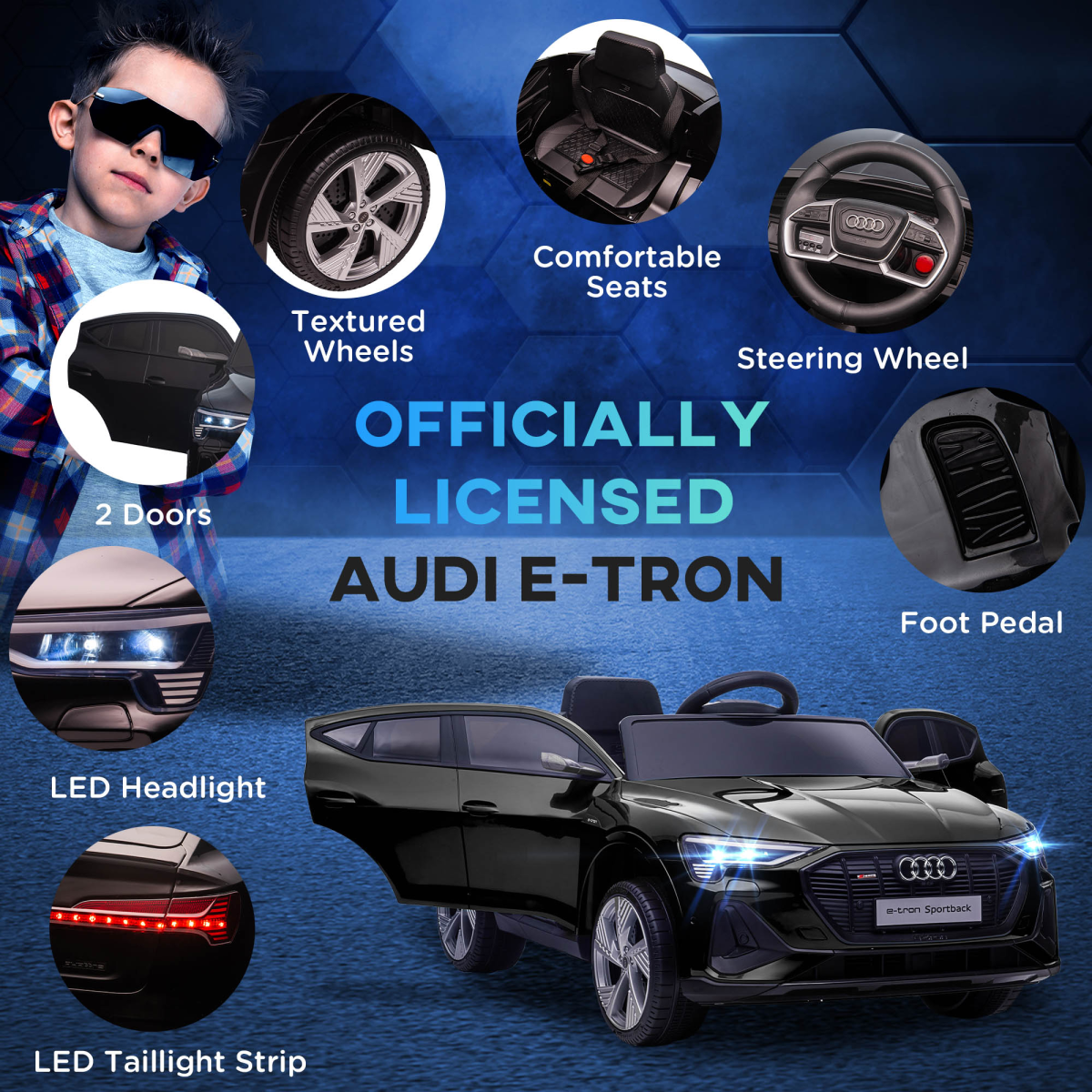 HOMCOM Licensed Audi E-tron Kids Electric Ride-On Car with Remote Control, LED Lights, Music and Seatbelt
