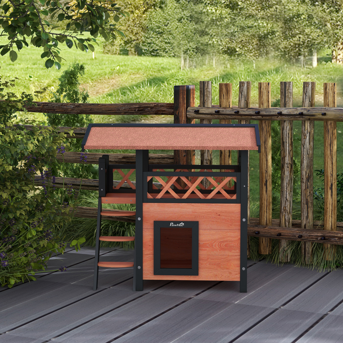 PawHut Outdoor Fir Wood Cat House with Balcony, Stairs & Roof