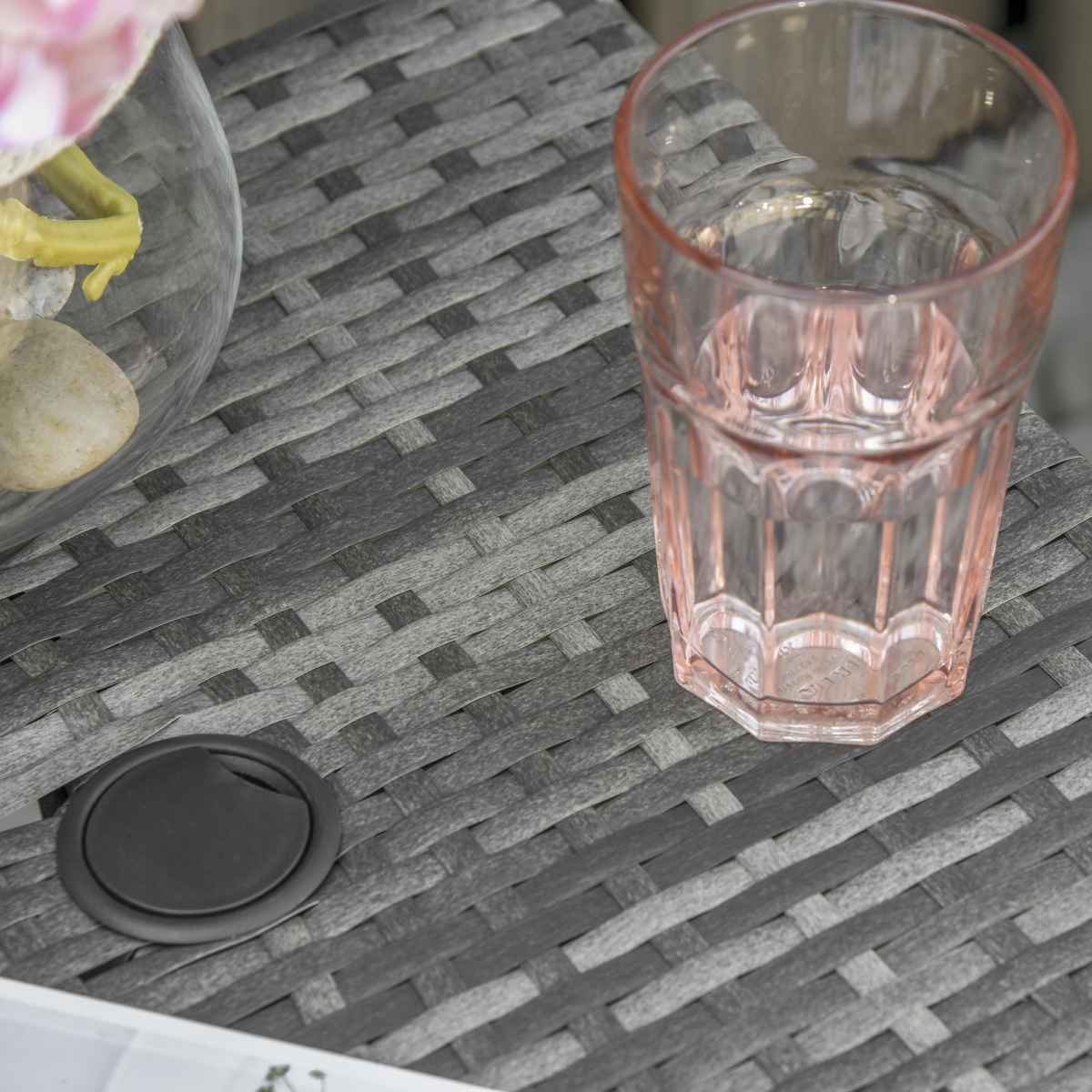 Outsunny Grey Rattan Coffee Table with Umbrella Hole & Storage Shelf