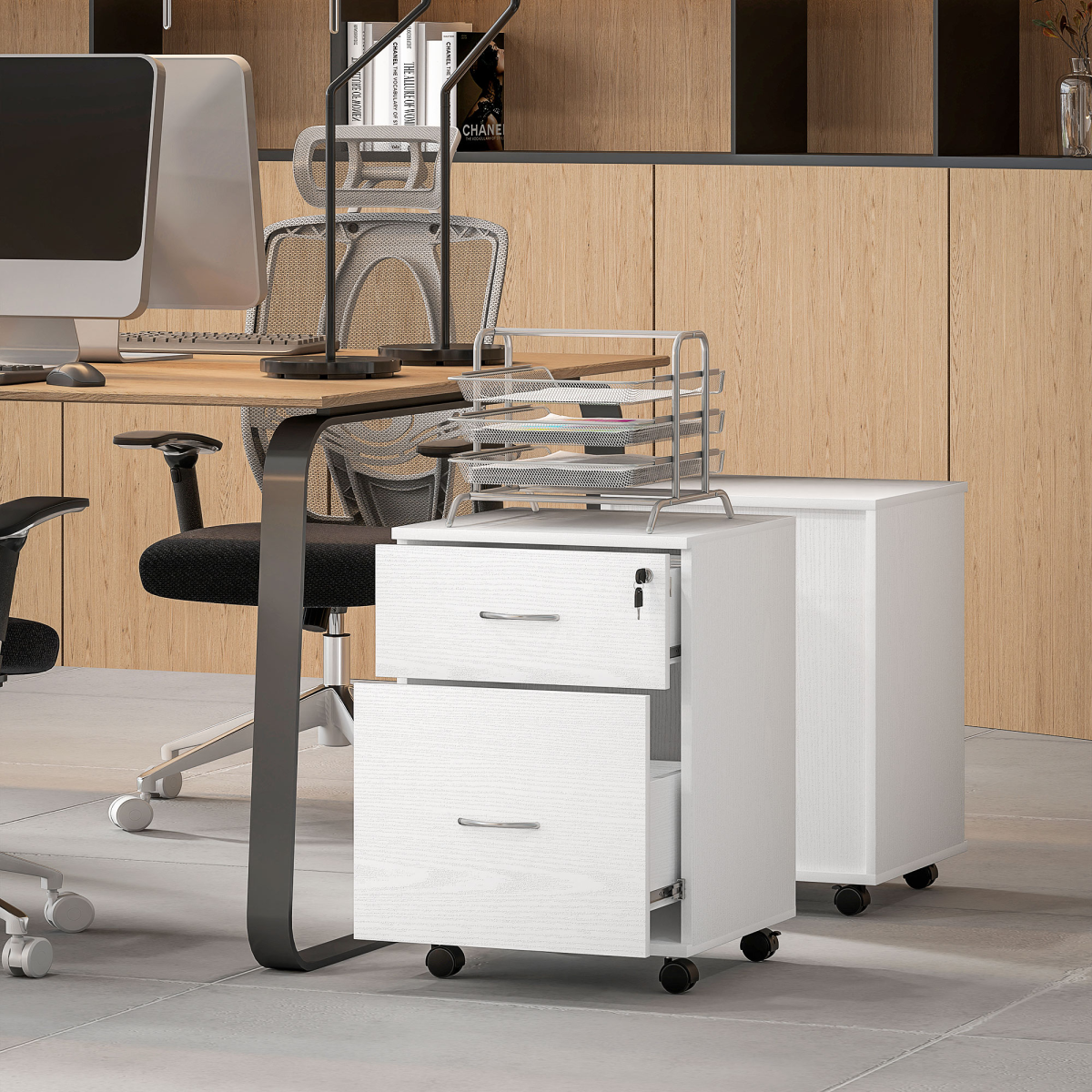 HOMCOM Lockable 2-Drawer Mobile Filing Cabinet, White Wood Grain