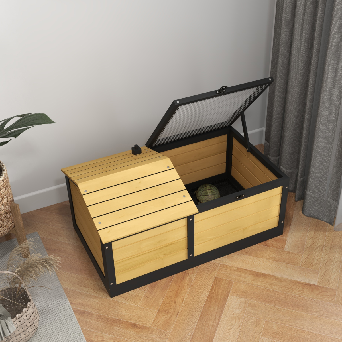 PawHut Wooden Tortoise House with Hide Shelter, Run and Open Roof