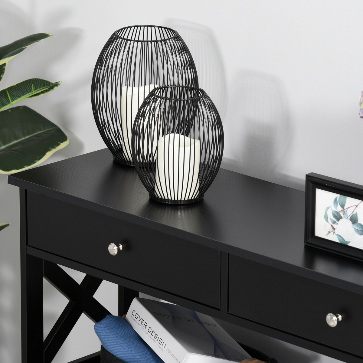 Black Console Table with 2 Drawers and Shelves, Flat Top