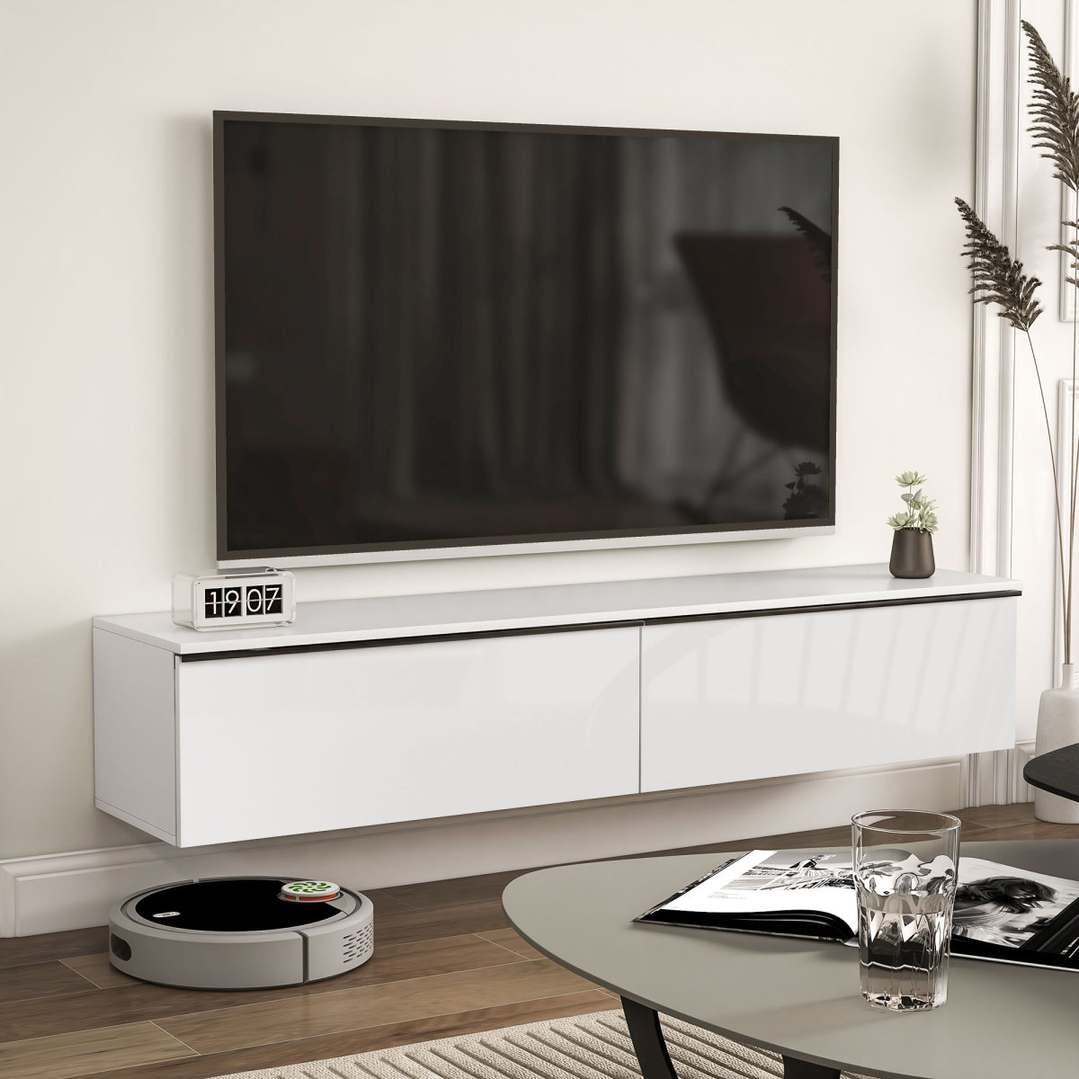 HOMCOM Wall Mounted Floating TV Stand with 2 Cupboards, White, for TVs up to 70