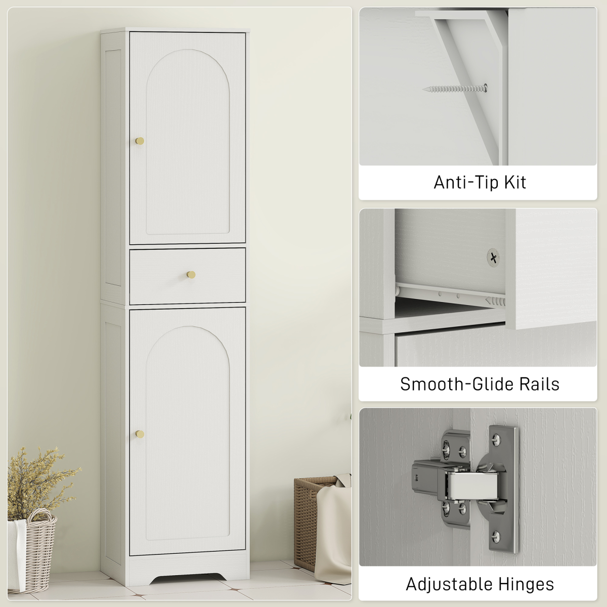 HOMCOM Tall White Bathroom Storage Cabinet with Arch Doors & Drawer