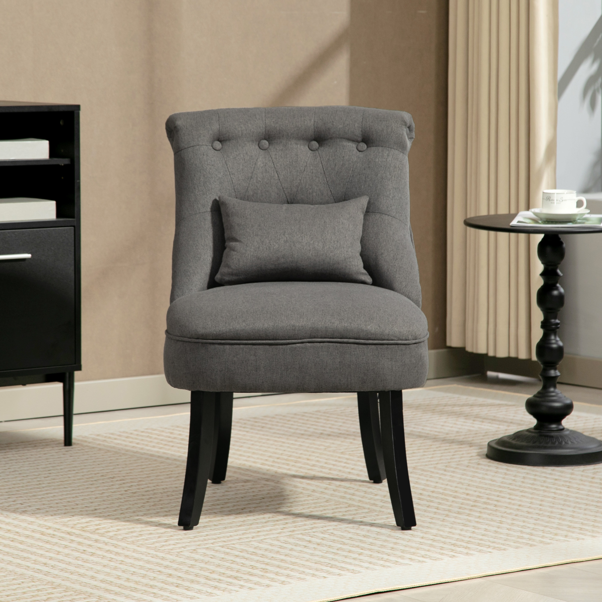 HOMCOM Charcoal Grey Fabric Single Sofa with Pillow, Wood Legs