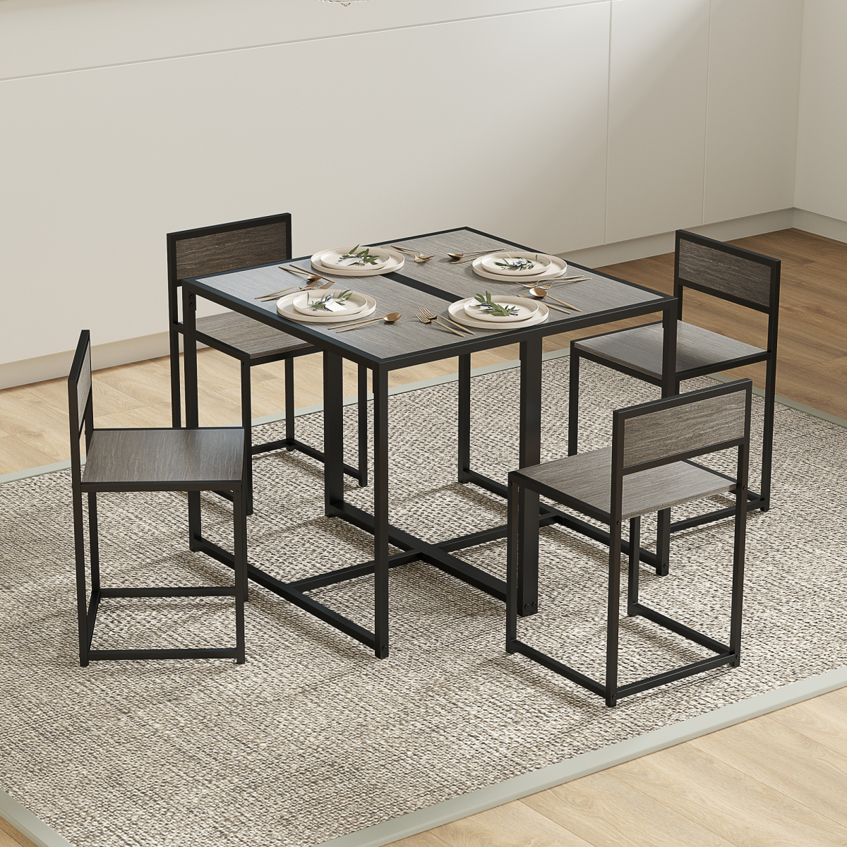 HOMCOM 3-Piece Dining Table Set, Steel Frame, Grey Wood-Effect
