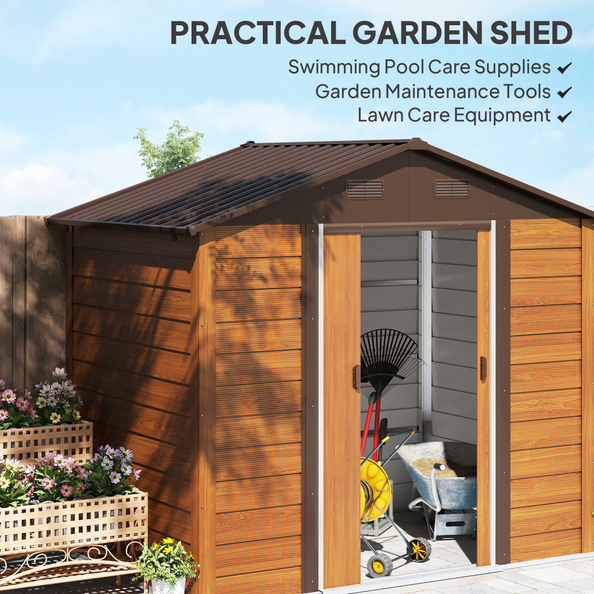 Outsunny 7.7x6.4ft Garden Shed, Sliding Door, Lockable, Wood Effect