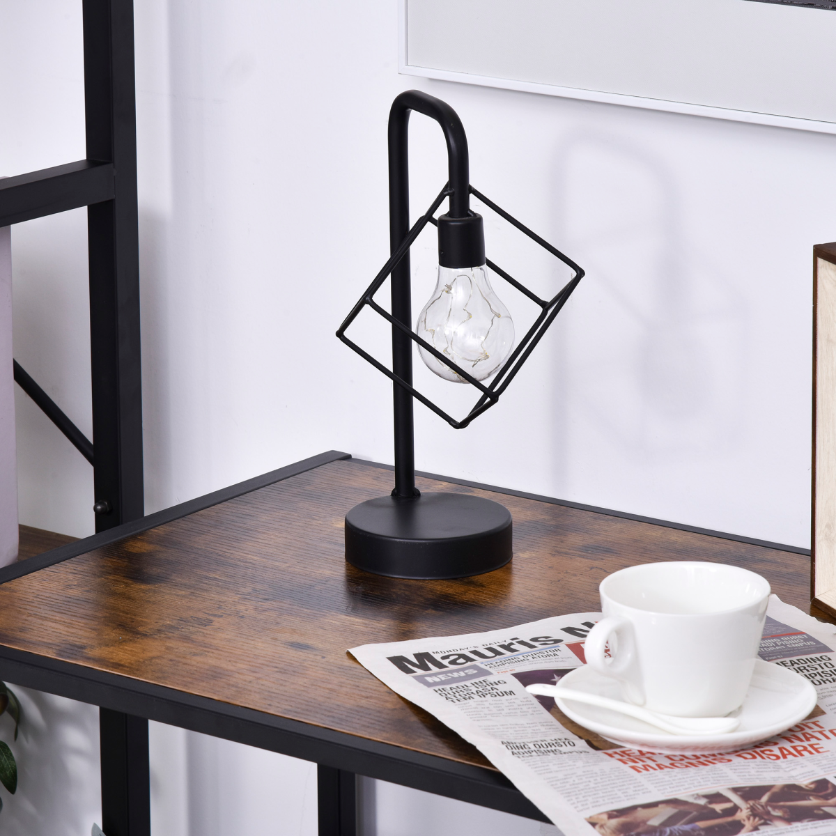 Industrial Style Side Table with Drawer and Open Shelf, Steel Frame Base, Chestnut Brown and Black